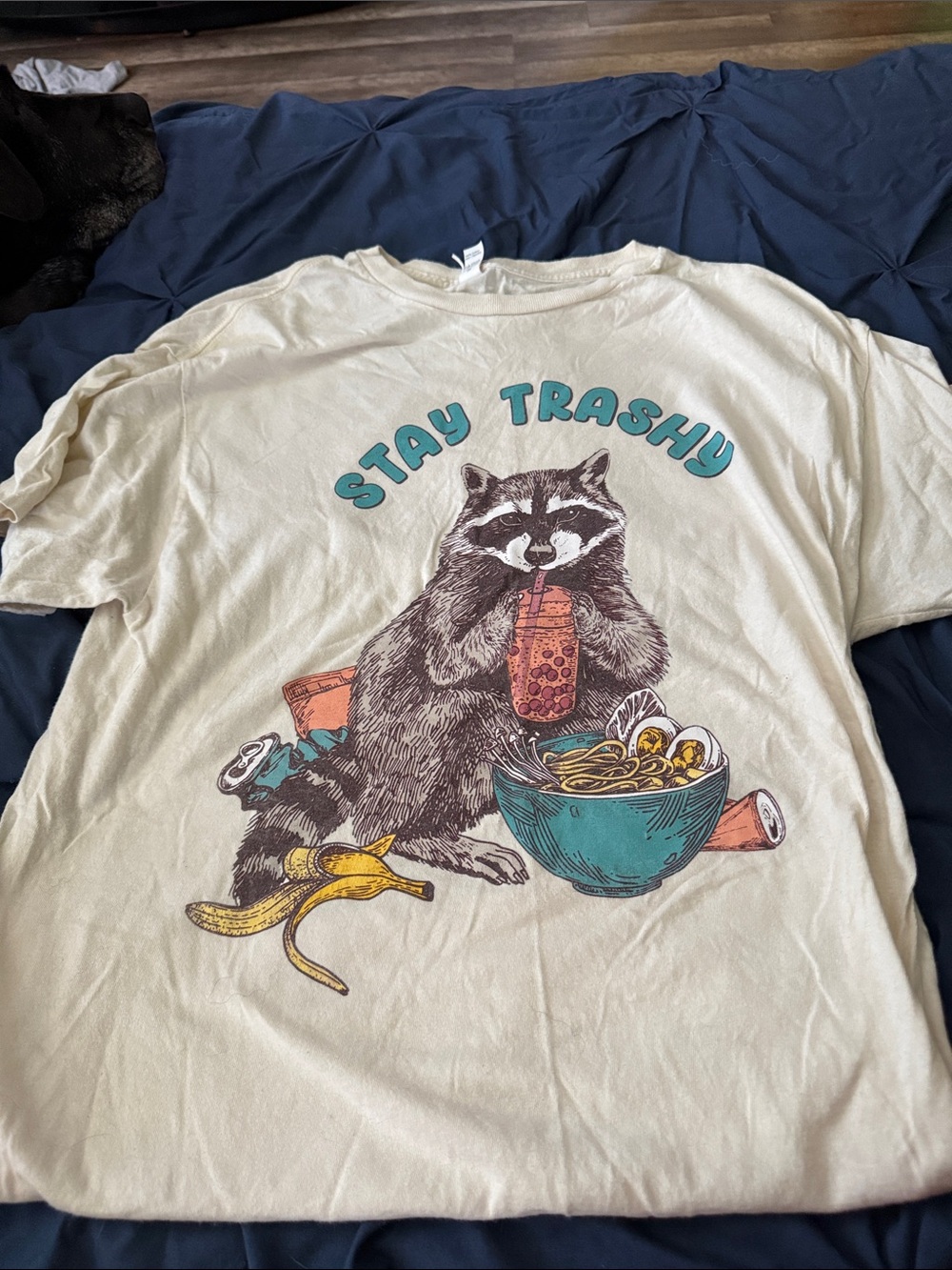Stay Trashy Raccoon Graphic Cat T-Shirt - Cream